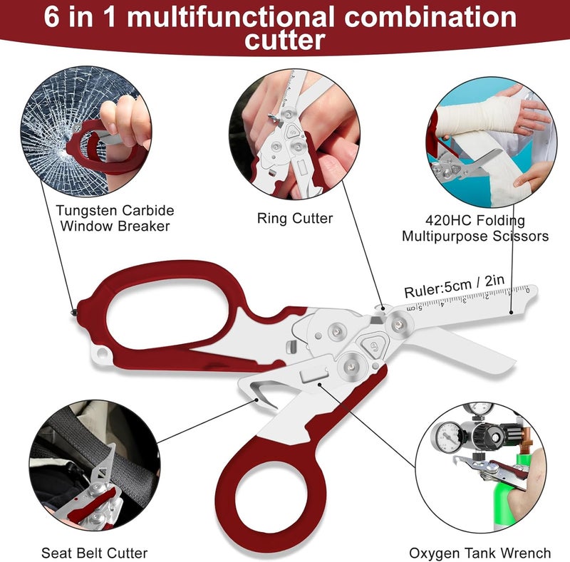 Lemasa 6 in 1 Multifunctional Combination Tool, Folding Retractable Emergency Shears, Outdoor Camping Tools, Seat Belt Cutter, Oxygen Cylinder Wrench, Complimentary Adjustable Wrench (red) - Image 3